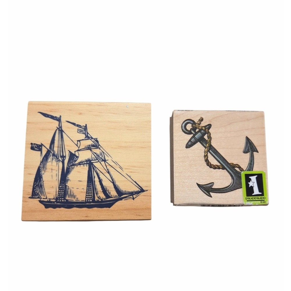 Inkadinkado Nautical Rubber Stamp Set Sailing Ship and Anchor Wood Mounted 2pc